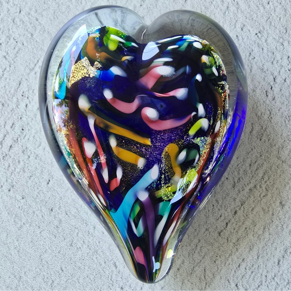 Glass Eye Studio Art Glass Heart Paperweight Blue Dichroic Gold Aventurine USA